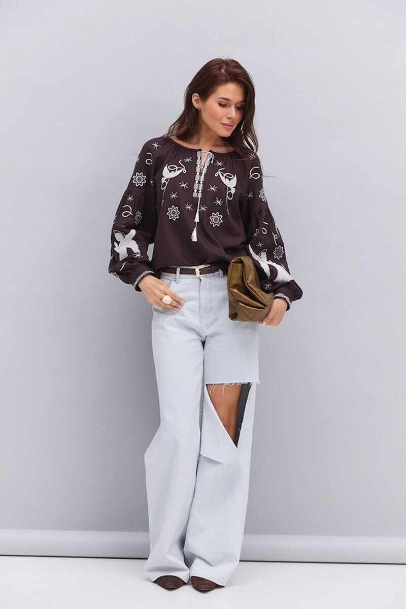 Women's embroidered shirt "Heavenly Amulet" brown