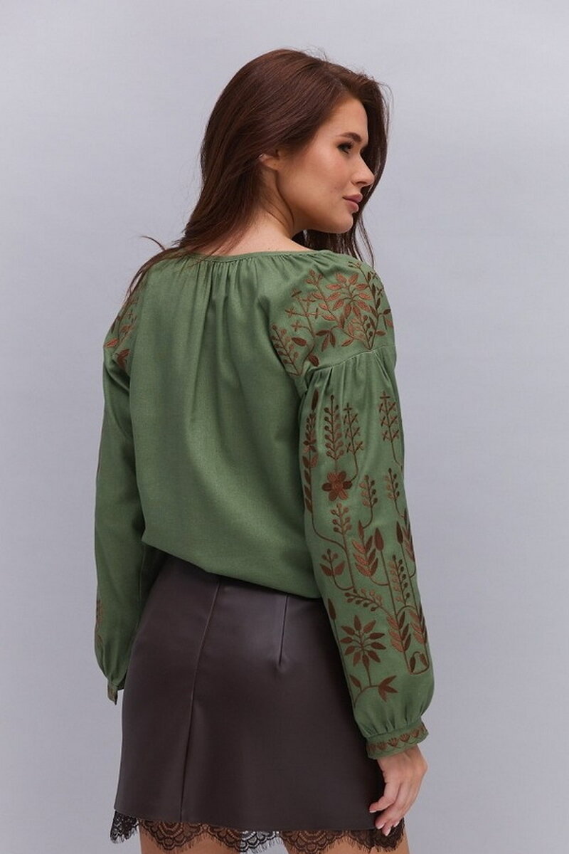 Women's embroidered blouse "Violina" — khaki with chocolate