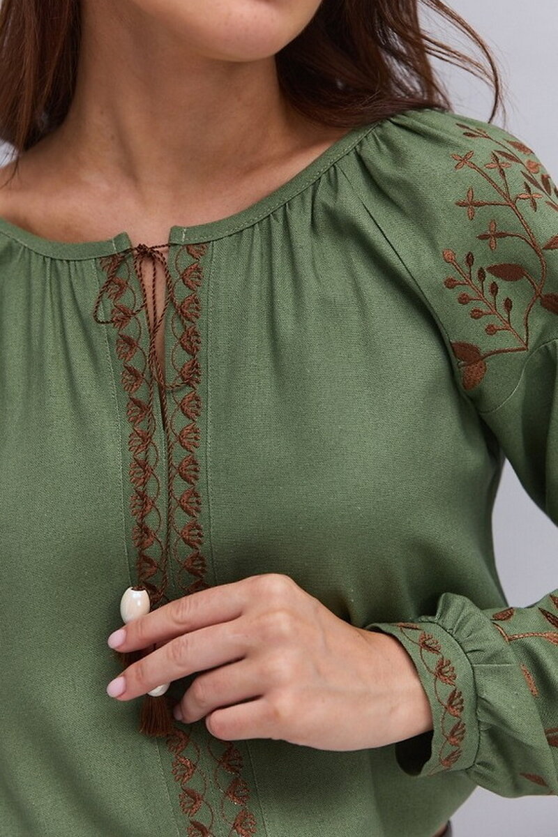 Women's embroidered blouse "Violina" — khaki with chocolate