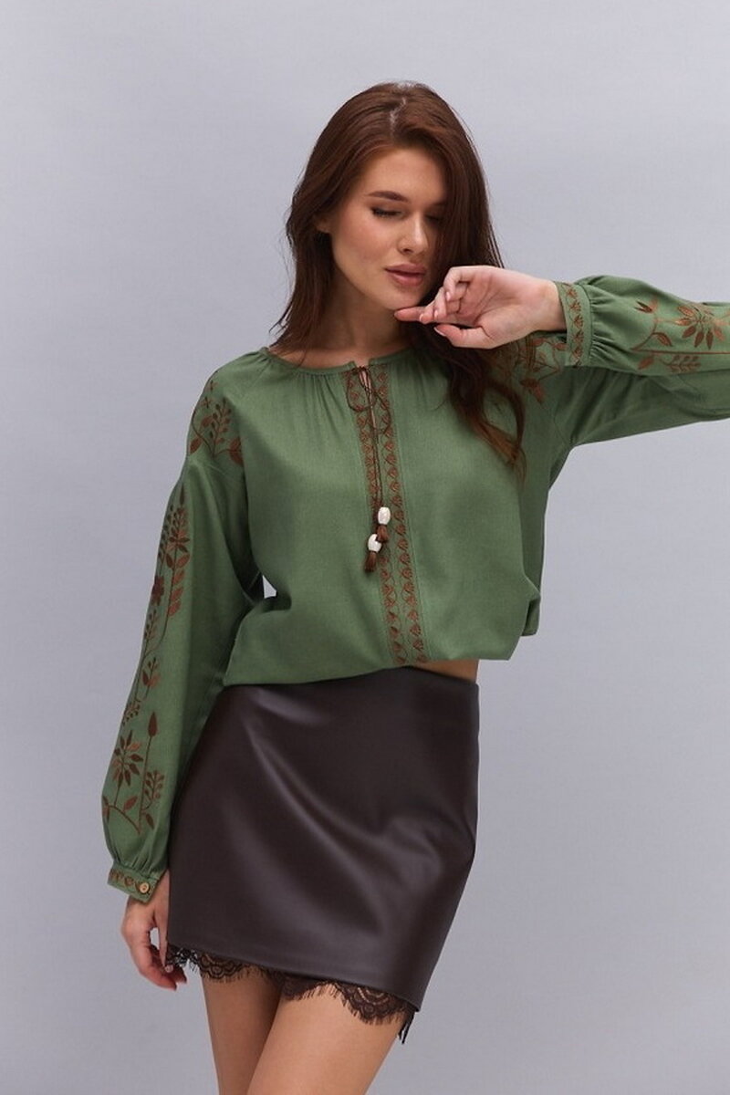 Women's embroidered blouse "Violina" — khaki with chocolate