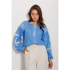 Women's vyshyvanka Swallows, blue with white embroidery on the sleeves
