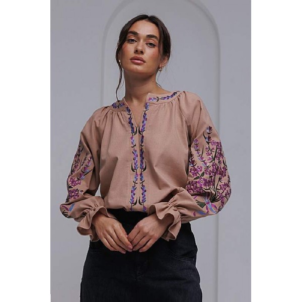 Brown embroidered shirt with a bouquet on the sleeves Lavender