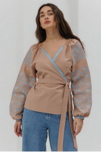 Women's beige Veronika embroidered blouse with open shoulders.