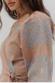 Women's beige Veronika embroidered blouse with open shoulders.