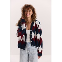 Жіночий в`язаний кардиган синій з темно-бордовими ромбами