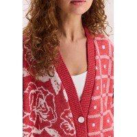 Жіночий в`язаний кардиган оверсайз червоний з квітковими та геометричними візерунками