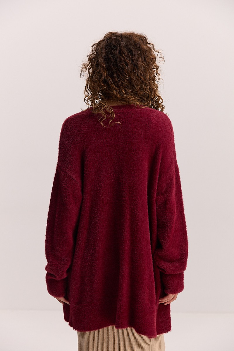 Жіночий в`язаний кардиган oversize бордовий з пухнастої пряжі