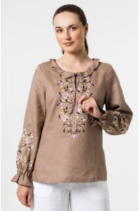 Жіноча коричнева льняна блузка-вишиванка Янка, розмір 52