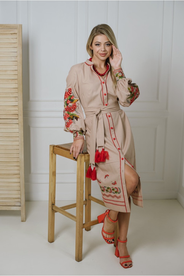 Бежева вишита сукня довга Килина, XL