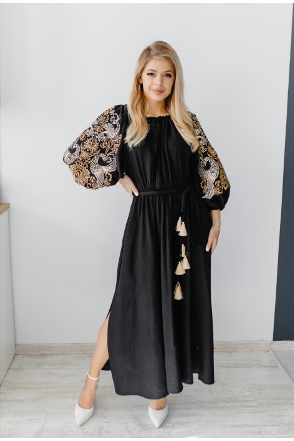 Чорна вишита сукня довга Жар-птиця, Onesize
