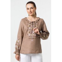 Жіноча коричнева льняна блузка-вишиванка Янка, розмір 46