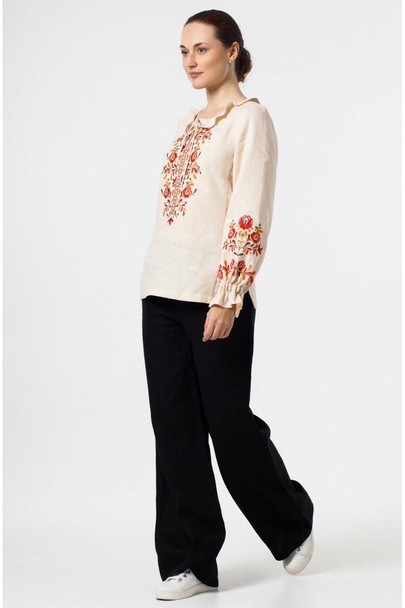 Жіноча бежеева льняна блузка-вишиванка Янка, розмір 46