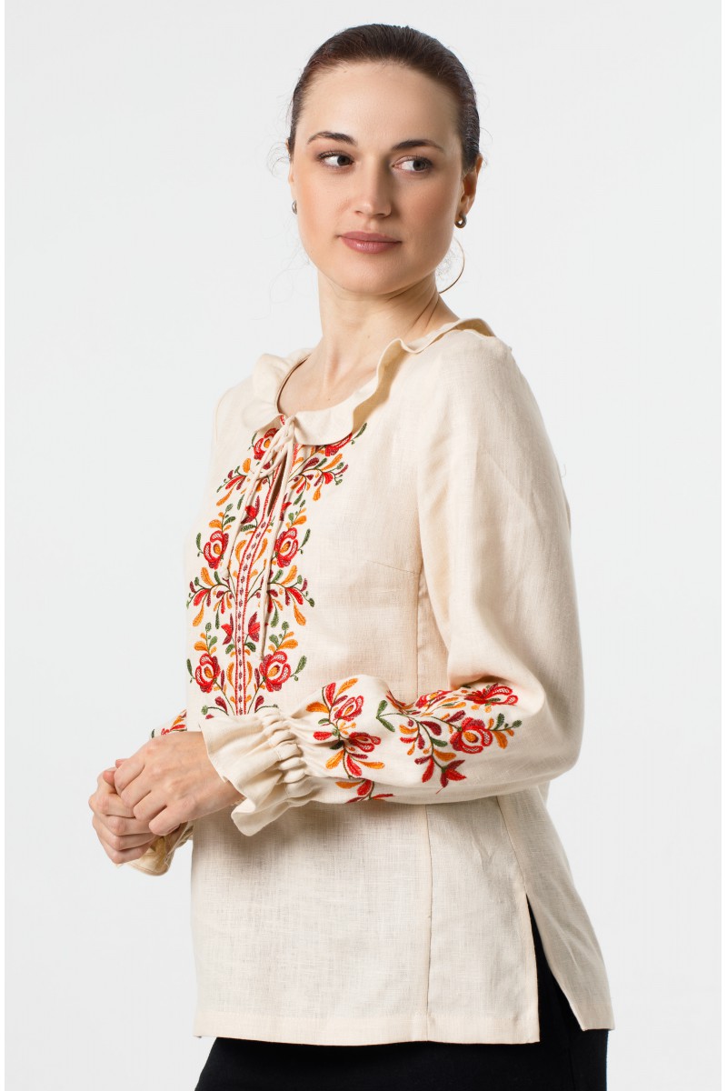 Жіноча бежеева льняна блузка-вишиванка Янка, розмір 46