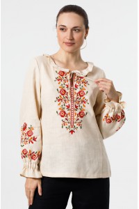 Жіноча бежеева льняна блузка-вишиванка Янка, розмір 54