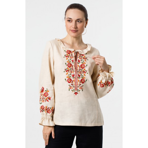 Жіноча бежеева льняна блузка-вишиванка Янка, розмір 42