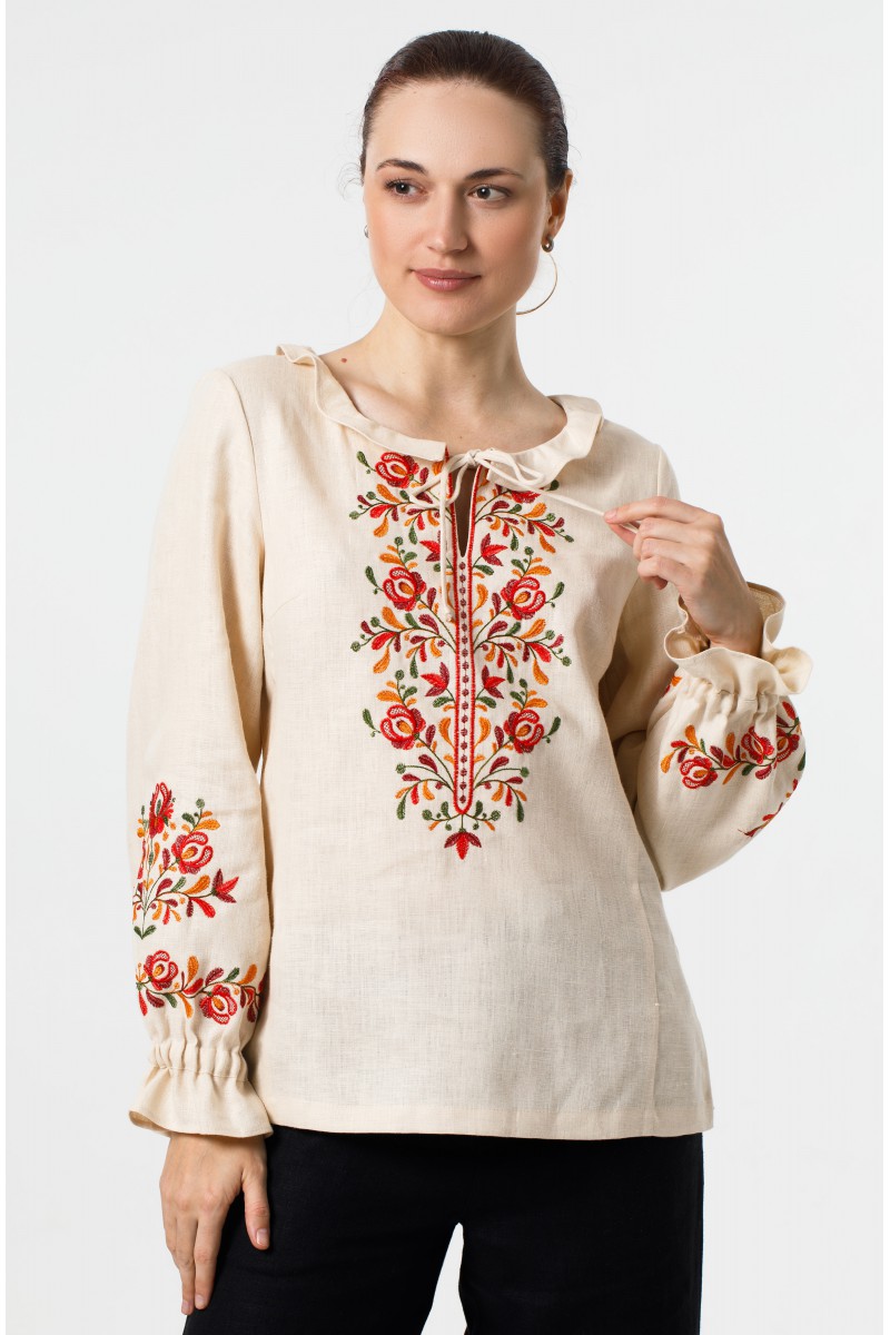 Жіноча бежеева льняна блузка-вишиванка Янка, розмір 48