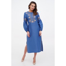 Длинное льняное платье в синем цвете "Казка"
