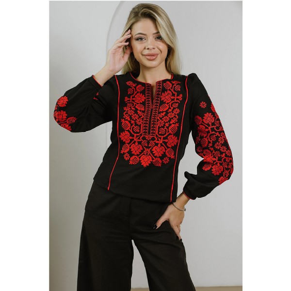 Vladana, women's embroidered shirt, black with red embroidery