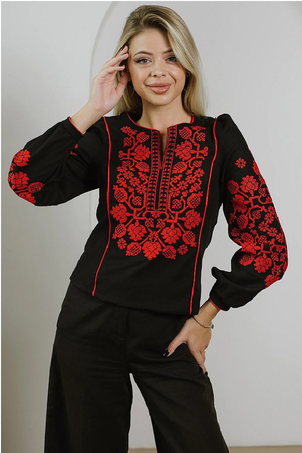 Vladana women's embroidered shirt black with red embroidery