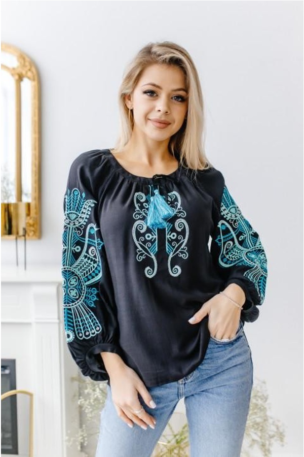 Women's embroidered blouse “Vytynanka” in black with turquoise embroidery, XL