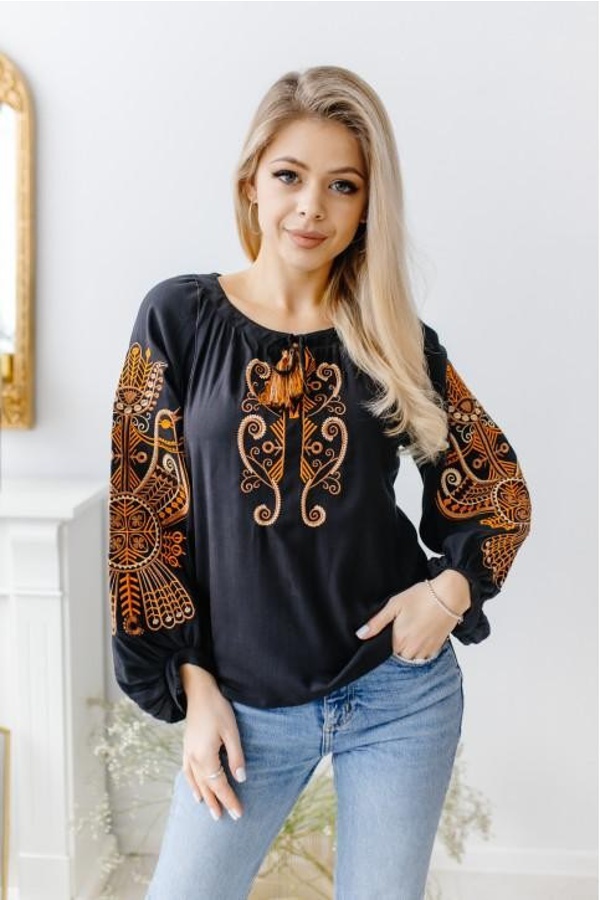 Women's embroidered shirt "Vytynanka" in black with golden embroidery, XL