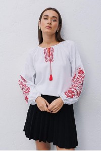 White embroidered shirt "Veresneva", red embroidery with flowers on the sleeves.