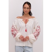 Вышиванка женская Пташка, белая с оригинальной красной вышивкой на рукавах, М