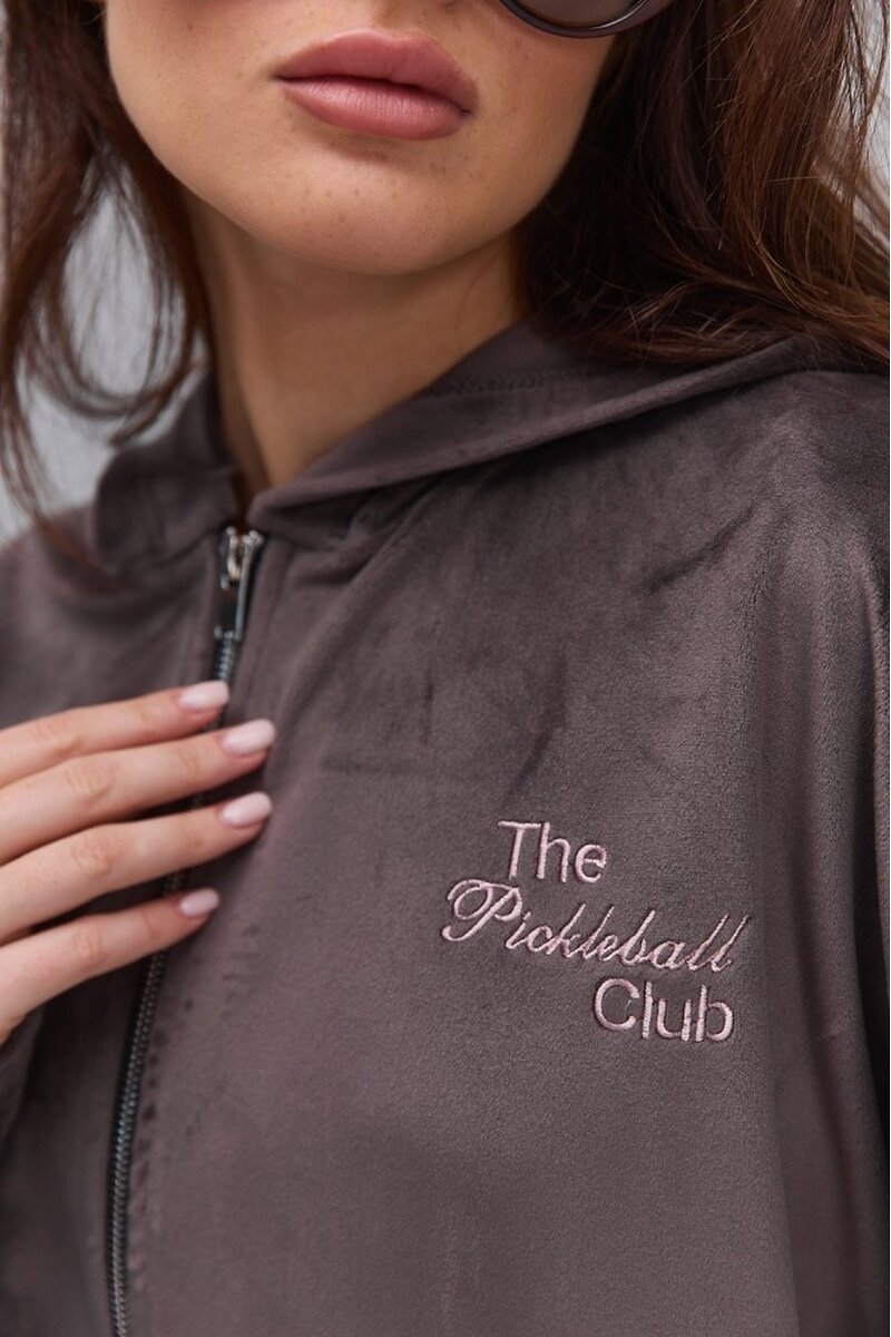 Women's brown velour zip-up hoodie with The Pickleball Club embroidery