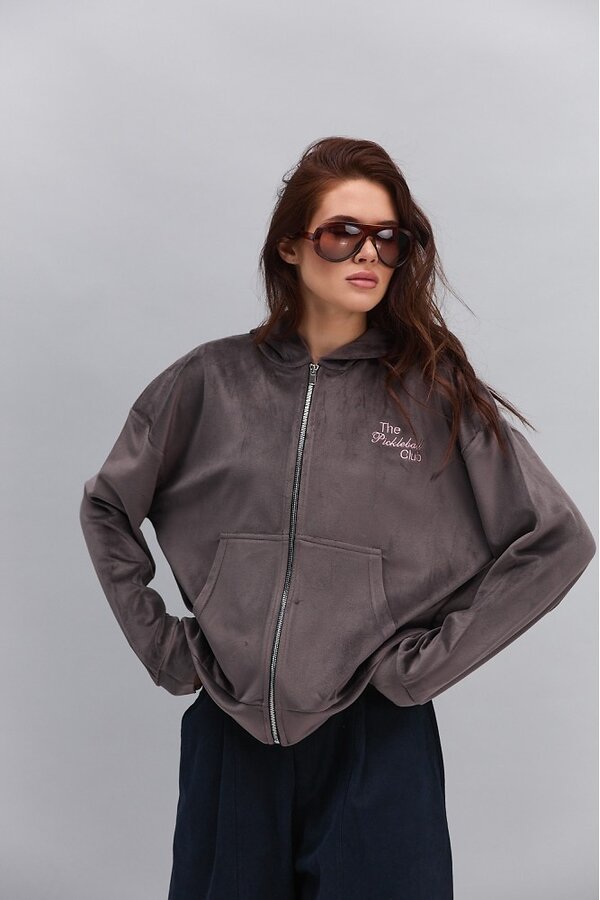 Women's brown velour zip-up hoodie with The Pickleball Club embroidery