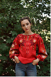 Women's linen embroidered shirt "Bird" — red