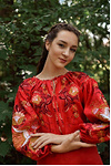 Women's linen embroidered shirt "Bird" — red
