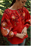Women's linen embroidered shirt "Bird" — red