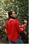 Women's linen embroidered shirt "Bird" — red