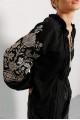 Women's embroidered shirt "Bird", black with original gold embroidery on the sleeves and open shoulders.