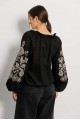 Women's embroidered shirt "Bird", black with original gold embroidery on the sleeves and open shoulders.