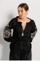 Women's embroidered shirt "Bird", black with original gold embroidery on the sleeves and open shoulders.