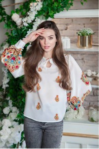 Spring mood, white blouse with floral print, long sleeve.