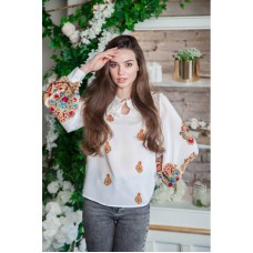 Spring mood, white blouse with floral print, long sleeve.