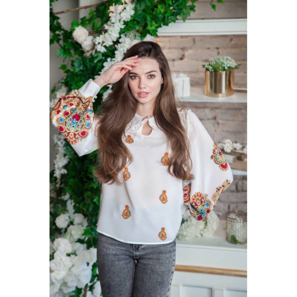 Spring mood, white blouse with floral print, long sleeve.