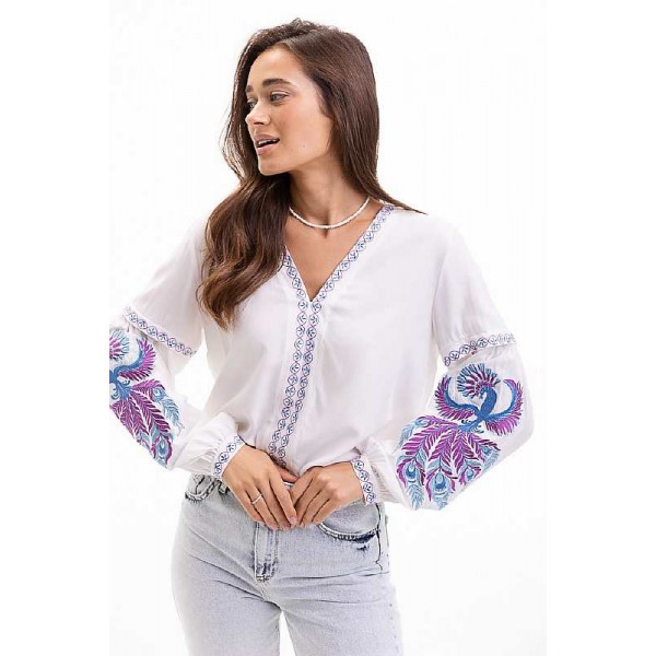 White embroidered shirt with a bird on the sleeves Phoenix