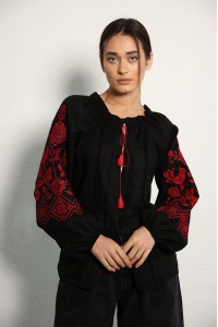 Women's embroidered shirt "Ptashka", black with original red embroidery on the sleeves, with open shoulders.