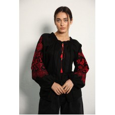 Women's embroidered shirt "Ptashka", black with original red embroidery on the sleeves, with open shoulders.