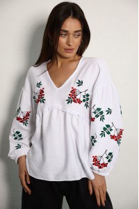 Women's embroidered shirt "Kalyna", white with red and green embroidery, embroidered with kalyna (cranberry tree) on the sleeves.