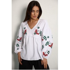 Women's embroidered shirt "Kalyna", white with red and green embroidery, embroidered with kalyna (cranberry tree) on the sleeves.