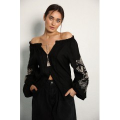 Black embroidered women's shirt "Bird" with golden embroidery on the sleeves, open shoulders, size M
