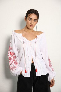 Women's embroidered shirt "Ptashka", white with original red embroidery on the sleeves.