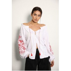 Women's embroidered shirt "Ptashka", white with original red embroidery on the sleeves.