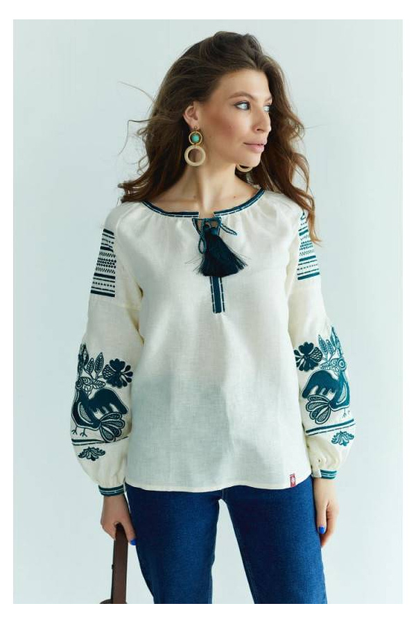 Vyshyvanka made of milk linen with turquoise embroidery Nizhana 