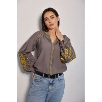 Spring, women's graphite embroidered shirt with smooth flowers on the sleeves. S