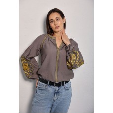 Spring, women's graphite embroidered shirt with smooth flowers on the sleeves